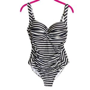 NipTuck‎ Swim Women's Swimsuit Sz 10 One Piece Navy Striped Adjustable Straps
